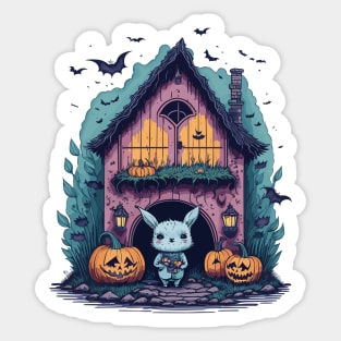 Cute Bunny in Scary Halloween house Sticker